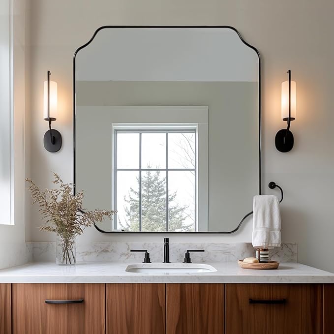 ANDY STAR 36x40 Inch Bathroom Mirror, Large Black Vanity Mirror for Wall, Modern Scalloped Mirror in Premium Stainless Steel Metal Thin Frame, Unique Rounded Notched Corners, Vertically/Horizontally