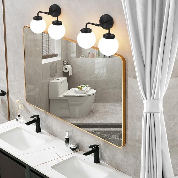 Black Bathroom Light Fixtures Over Mirror, Modern Vanity Lighting with Milk White Glass Globe Shades 2-Light Farmhouse Wall Sconce