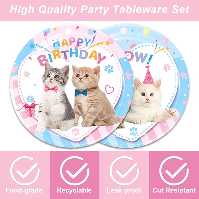 40Pcs Cat Birthday Decorations Pink and Blue Meow Baby Shower Plates and Napkins Party Supplies Cat Birthday Party Decorations