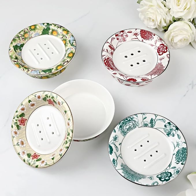 Floral Decorative Self Draining Soap Dish, Double-Layer Round Soap Tray, Vintage Ceramic Soap Dish (Style B)