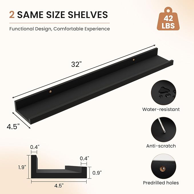 Dreamland Picture Ledge Shelf for Wall, Floating Shelves Set of 2, 32 Inch Long Floating Shelves with Lip for Living Room, Bedroom, Bathroom, Kitchen, Black