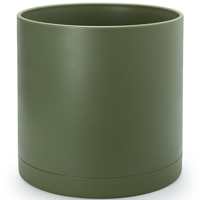 D'vine Dev 16 Inch Plastic Planter Pots for Plant Pot with Drainage Hole and Seamless Saucers, Olive, 74-X-I-5