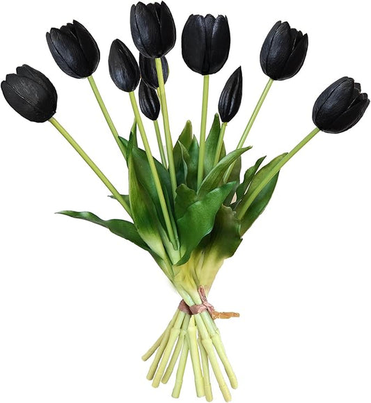 10 Pcs Fake Tulips Tulips Artificial Flowers Real Touch Fake Flowers Artificial Flower Bouquet for Home Table Party Wedding Decoration(Black)