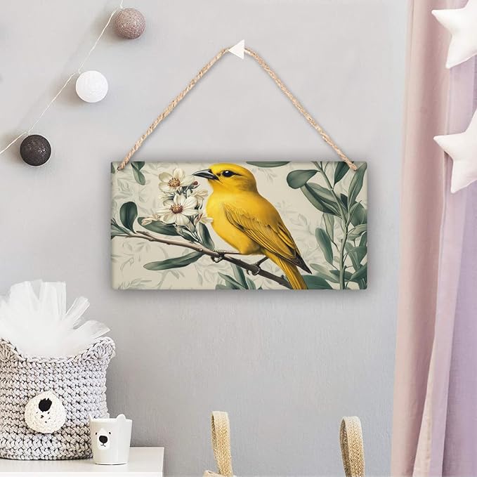 Vintage Yellow Bird & pinks Blossoms Wooden Wall Art, Retro Home Decors for Nature Collectors, 12x6 Inch Wood Sign for a Nostalgic Living Room Vibe