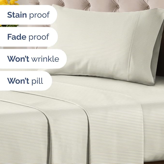 Biege Striped Sheets - Cream Bed Sheet Set - 1 Flat & 1 Fitted & 1 Pillowcase w/ Deep Pockets - Cozy, Wrinkle & Fade Resistant - Soft, Breathable, Cooling - Luxury Pinstripe Bedding - Twin Size