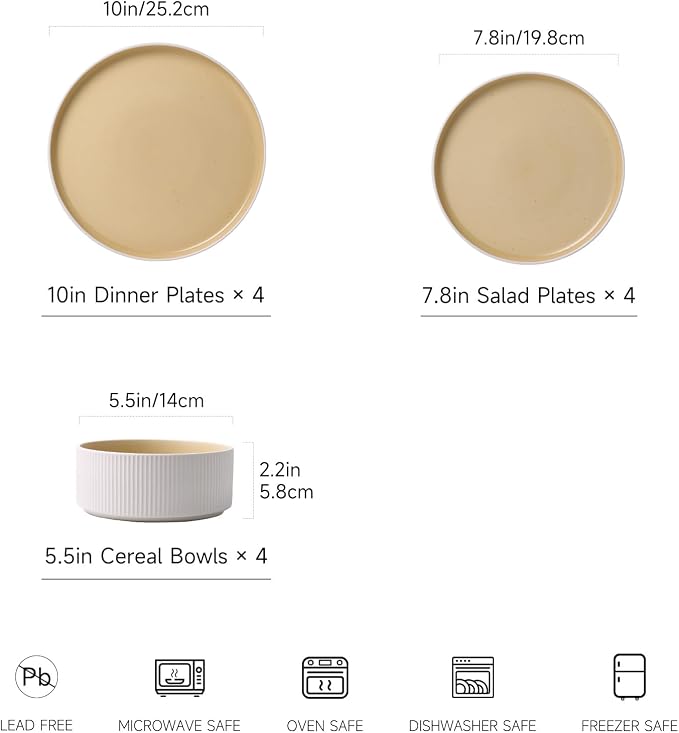 MONITO Ceramic Dinnerware Sets for 4, 12PCS Stoneware Plates and Bowls Sets, Reactive Glaze Dish Set, Chip and Scratch Resistant Double, Microwave and Dishwasher Safe, White Orange