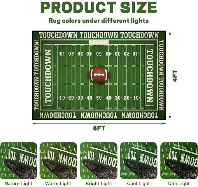 4'x6' Football Field Area Rug Sports Themed Carpet for Nursery Bedroom Playroom Classroom Living Room Home Decor Non Slip Washable Game Room Play Mat