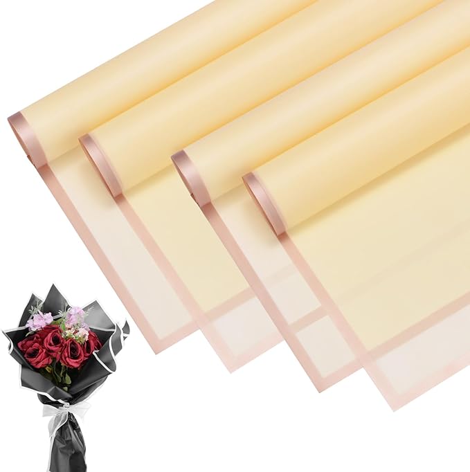 M METERXITY 20 Sheets Flower Wrapping Paper Bouquet, 23 Inch Light Yellow Gold Edge BOPP Waterproof Floral Wrapping Paper Flower Packaging DIY for Wedding/Party/Gift Bouquet Wrap Paper