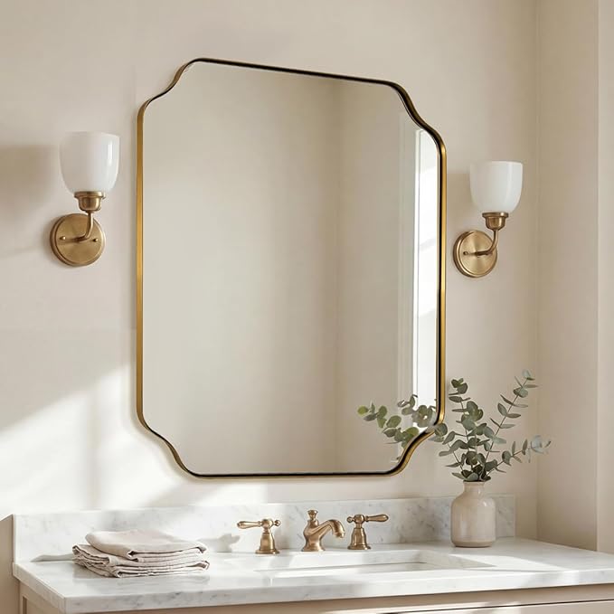 ANDY STAR 30"x36" Gold Bathroom Mirror, Brushed Brass Rectangle Mirror for Bathroom, Scalloped Vanity Mirror in Anti-Rust Stainless Steel Metal Thin Frame, Wall Mount Vertical or Horizontal