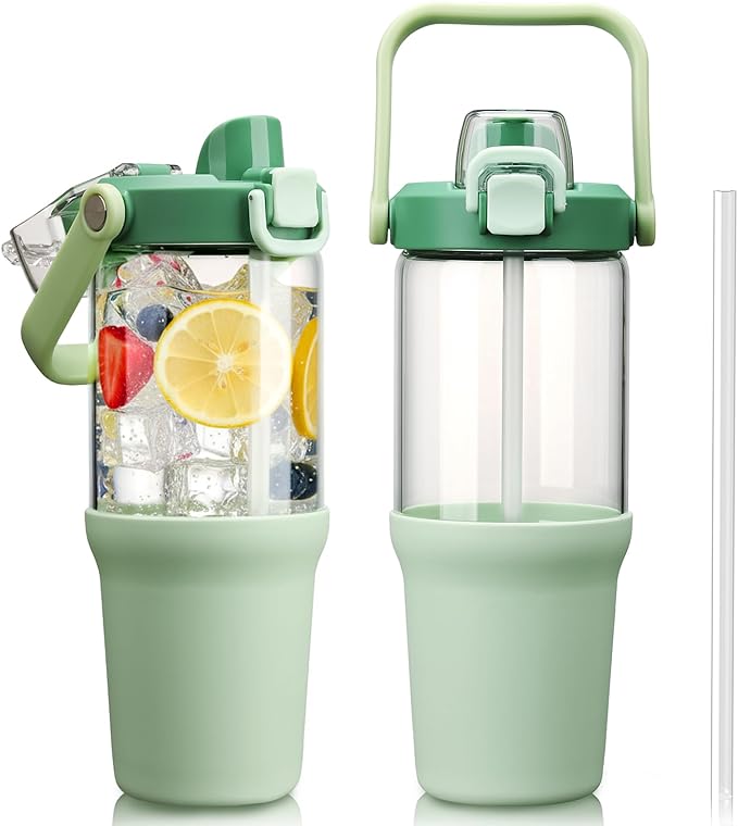 Glass Tumbler with Carry Handle, Clear Glass Water Bottle with Leakproof Lid, Spout Lid&Straw, BPA-Free, 32 oz, Light Green