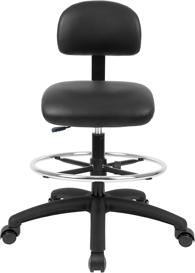 Chair Master FSS Series Square seat Tall (24"-34") seat Height Chair. Vinyl-for Office, Garage, Desk, Shop, Computer, Doctor, Medical, Easy to Clean! 18" Footring (Black, Tall, Self Braking Casters)