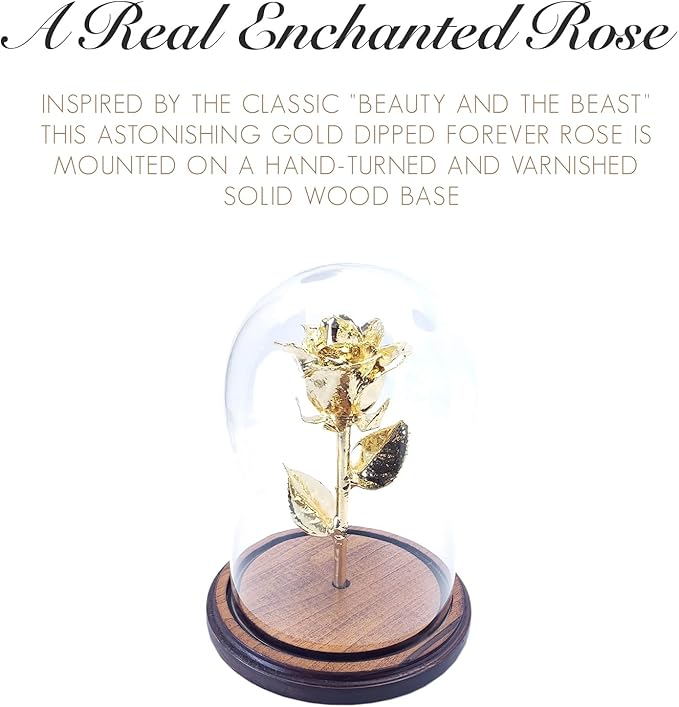 Forever Rose Enchanted Preserved with Real 24K Gold Rose Lasts Forever | Includes Wood Base & Glass Dome | 24K Gold Dipped Rose Assembled by Hand in The USA | Romantic Gifts for Women