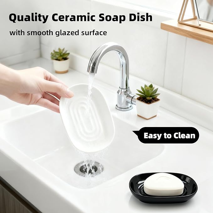 Ceramic Soap Dish for Bath Sink- Modern White Bar Soap Holder for Shower - Easy to Clean Multi-Purpose Oval Soap Dishes for Soap Bar, Sponges, Jewelry, Small Items | Fits Bathroom & Kitchen