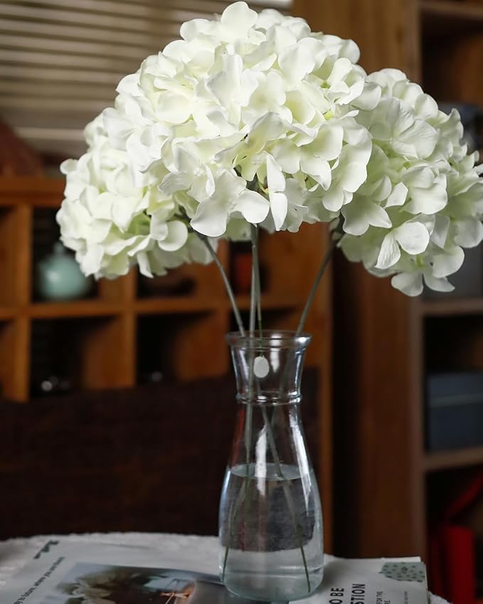 DuHouse 8.7" Silk Hydrangea Flower Heads with Stems Fake Hydrangeas Flowers for DIY Wedding Centerpiece Home Decor,Pack of 6(Cream)