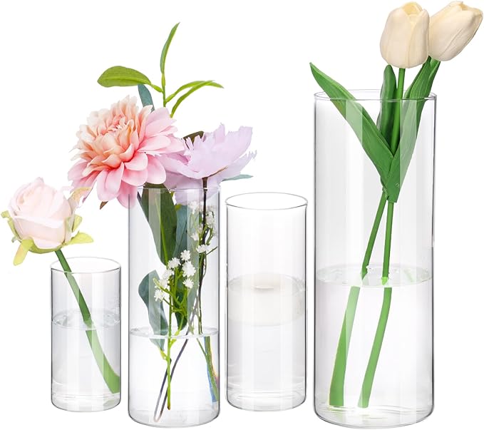 Fixwal 4pcs Clear Glass Cylinder Vases, 4, 6, 8, 10 Inch Tall Cylinder Vases for Centerpieces, Glass Flower Vase Floating Candle Holder Vase for Table Shelf, Party, Wedding, Home Decor
