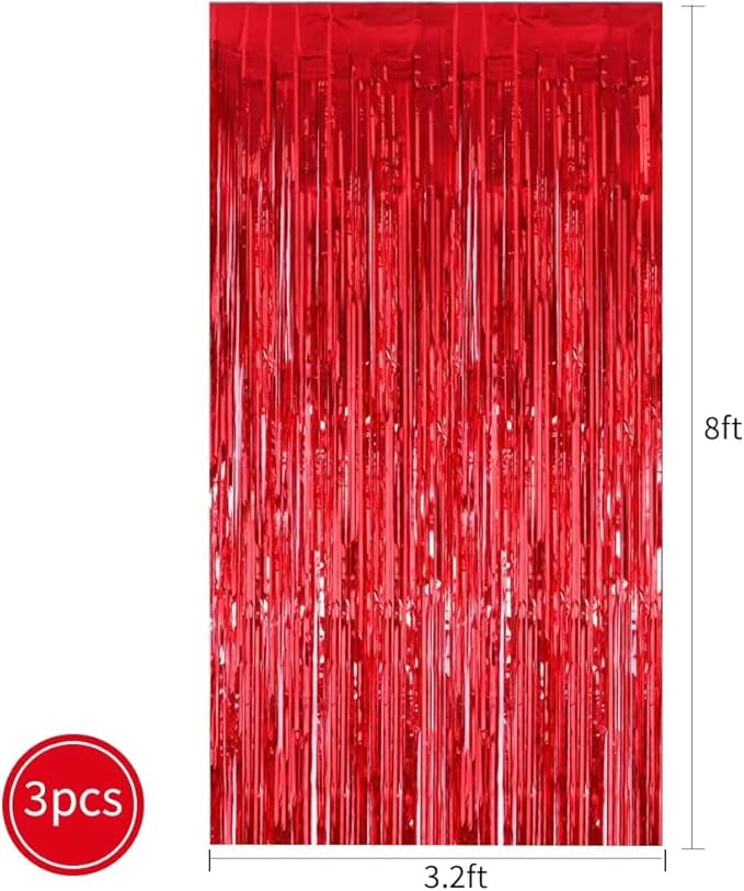 TONIFUL 3Pcs Red Door Streamers,Red Photo Booth Backdrop Metallic Streamers Red Foil Fringe Curtains for Birthday,Christmas,New Year,Bachelorette,Graduation Party Streamers Decor(9.9ft x 8.2ft)