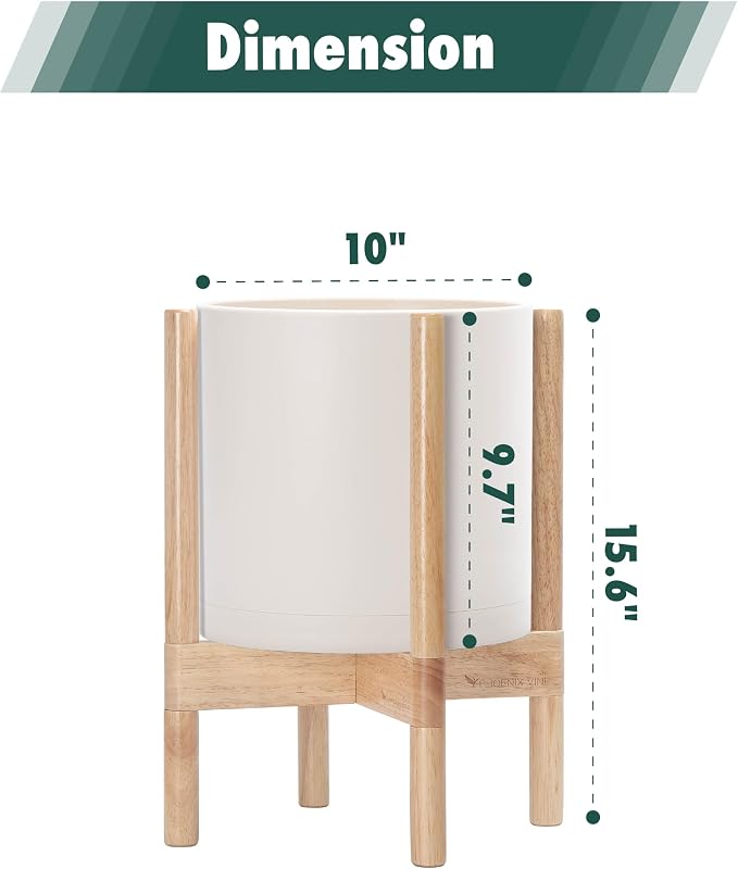 D'vine Dev Planter Pot with Stand - 10 Inch Plastic Cylinder Flower Pot with Wood Planter Holder for Indoor, Oatmeal Pot + Natural Stand, 55-C-M-4