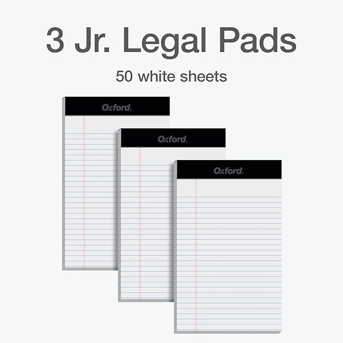 Oxford 5 x 8 Inch Legal Pads, 3 Pack, Narrow Ruled on Both Sides, White Lined Paper, 50 Perforated Sheets Per Writing Pad, Proudly Made in the USA (1017034)