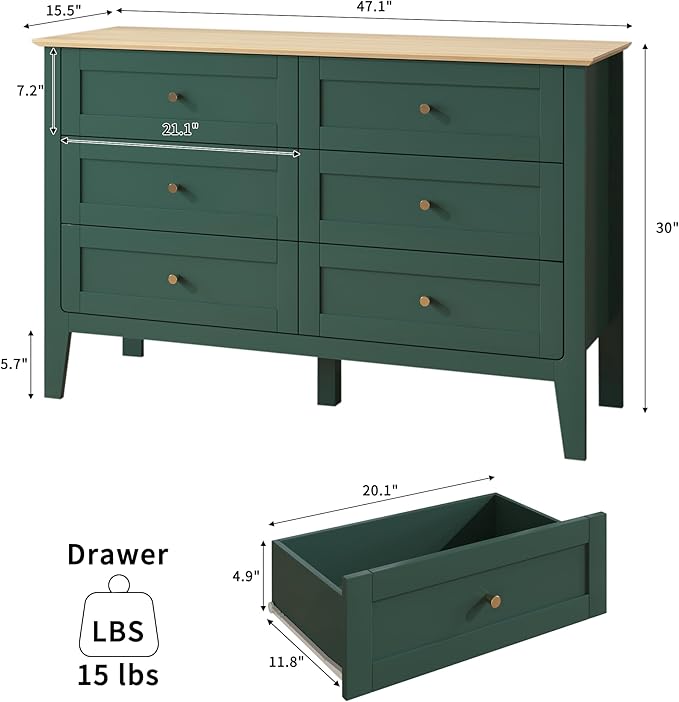 6 Drawers Green Dresser for Bedroom, 47" Wide Wood Modern Chest of Drawers, Shaker Style, Modular Dresser TV Stand for Bedroom, Living Room, Hallway (Green)