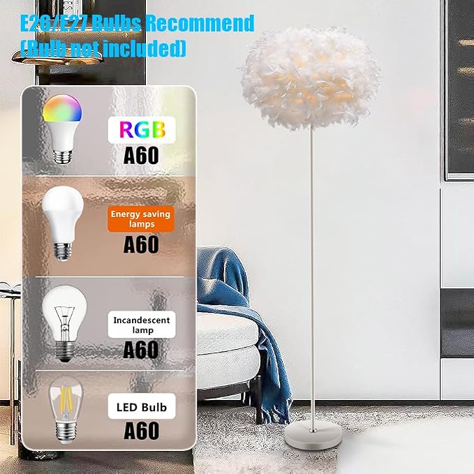 Feather Floor Lamp,Floor Lamps for Living Room,Home Office Bedroom Decor,Floorlamp with White Lampshade,Modern Tall Standing Lamp for Dinningroom,Behind Couch,Girls'room,Corner