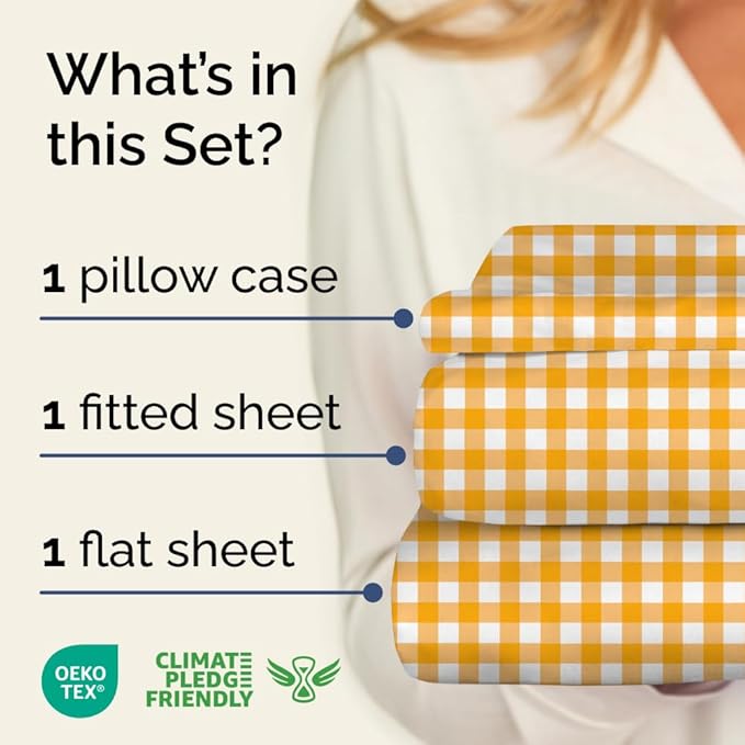 Yellow Gingham Sheets - 1 Flat & 1 Fitted Sheet & 1 Pillowcase w/ Deep Pockets - Grid, Plaid, Checkered Pattern Bed Set - Comfy, Wrinkle & Fade Resistant - Ultra-Soft, Breathable & Cooling -Twin Size