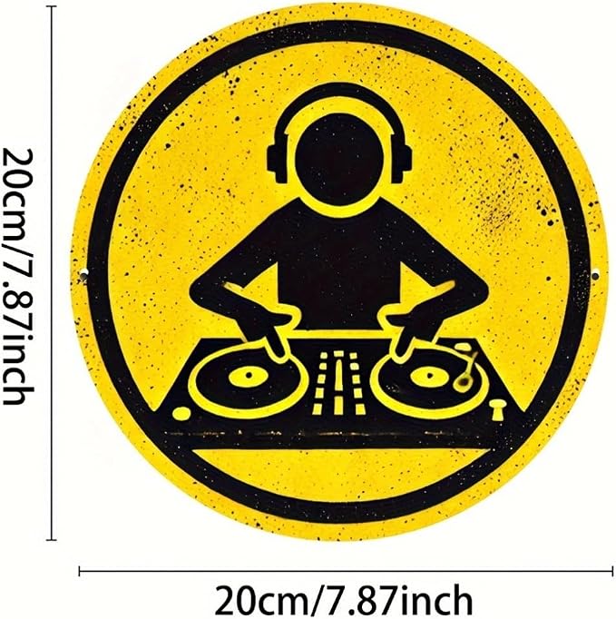 Vintage DJ Themed Iron Sign, 7.98x7.98 inches, Circular Wall Art, Multipurpose Home/Room/Restaurant/Bar/Café/Garage Decor, Wall Hanging, No Electricity Needed