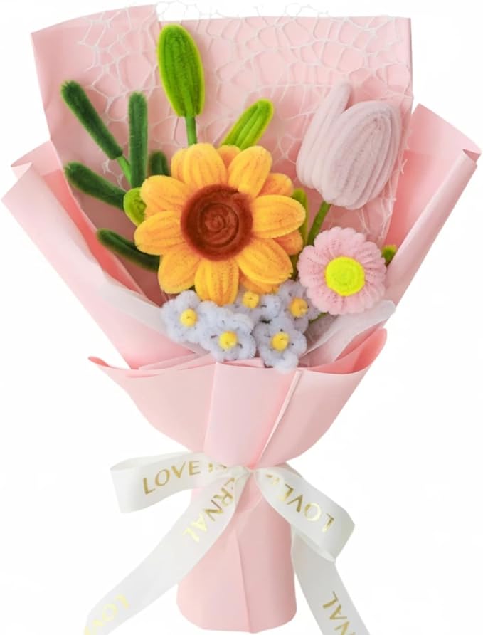 Hand-Woven Flower Bouquet Finished（1pcs） for Mother Girlfriend Birthday Gift Wedding Decoration Crochet Artificial Flower, Bouquet Gift (Sunflower Pink)