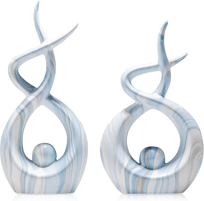 Blue Sculptures Home Decor, Dining Room Table Centerpiece Living Room Decor, Ceramic Statues Shelf Decor, Modern Abstract Art Desktop Entrance Table Decorations (Set of 2, 9.84" H & 8.86" H)