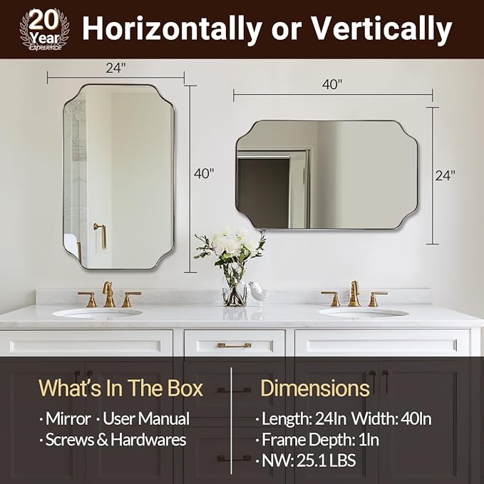 ANDY STAR Chrome Scalloped Mirror, 24x40 Inch Polished Silver Rectangle Mirror, Modern Bathroom Vanity Mirror with Rust-Proof Stainless Steel 1" Frame, Hangs Vertically/Horizontally