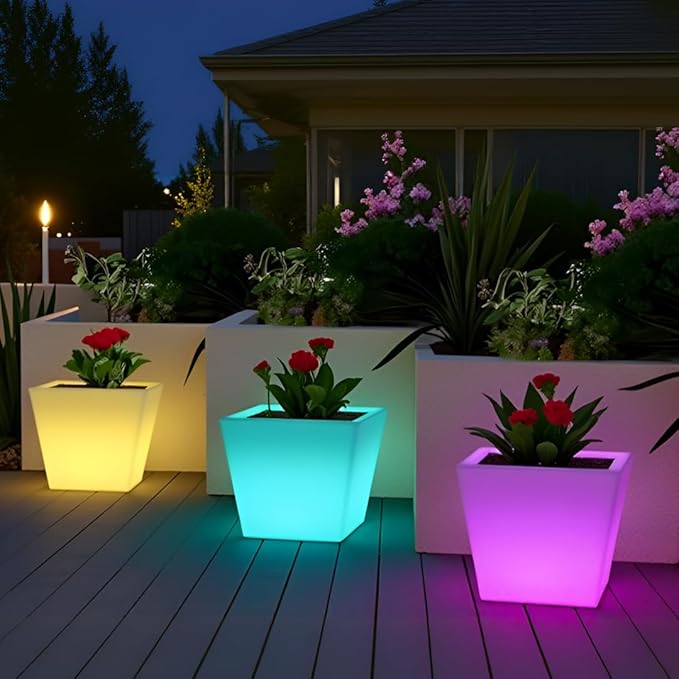 Mr.Go 16-inch LED Flower Pot Light w/Remote, 16 Color Changing Colorful Square Flowerpot, Rechargeable Lighted Planter & Ice Bucket for Home Decor, Perfect for Garden, Party, Wedding, Gifts
