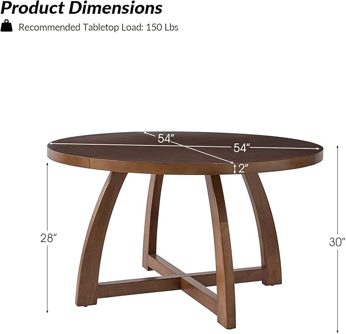 HULALA HOME 54 inch Round Dining Table for 6 People，Rustic Farmhouse Solid Wood Circle Dinner Tables for Small Spaces Dining Room Living Room Kitchen, Walnut