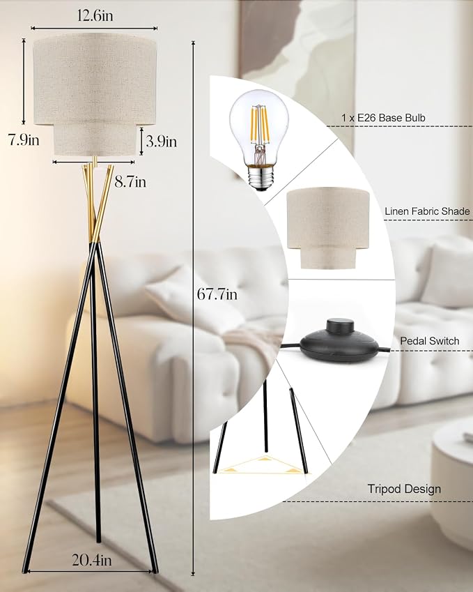 Lightdot Black Tripod Floor Lamp, Modern Floor Lamps for Living Room, Standing Lamp with Dual Drum, E26 Bulb Included, 67.7" Tall Floor Lamp for Bedroom, Home Office
