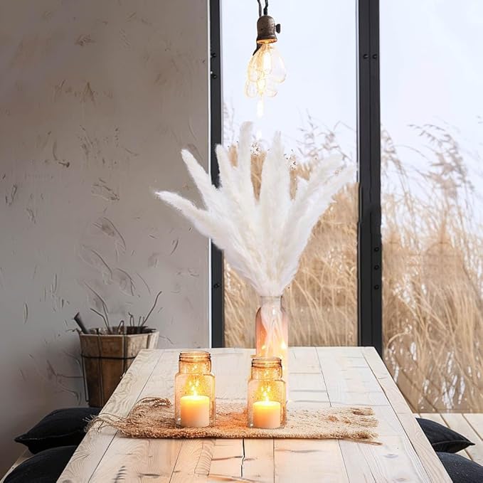 White Pampas Grass in Glass Vase with LED Lights & Faux Crystals, Dried Flowers Modern Floral Centerpiece for Home Decors Living Room Office Wedding Boho Farmhouse Table Decor
