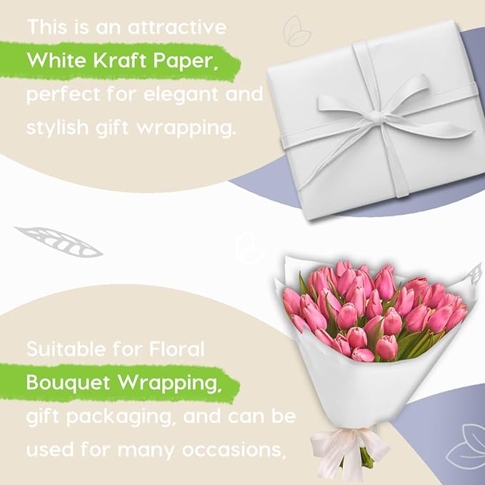 PerkHomy White Kraft Paper Roll 36" x 1,800" (150') for Gift Wrapping Bouquet Flower Art Painting Craft Writing Packaging Shipping 80GSM 55LB (White, 36" x 150')