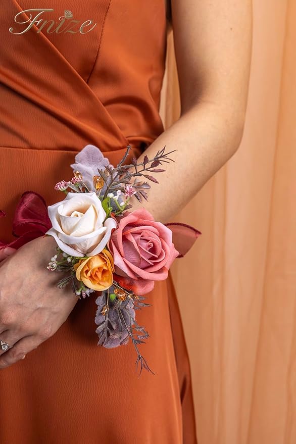 Fnize Orange Pink Corsage and Boutonniere Set, Artificial Rose Boutonniere and Wrist Corsage Flower for Bride Groom Bridesmaids Groomsmen Wedding Homecoming Prom Flowers