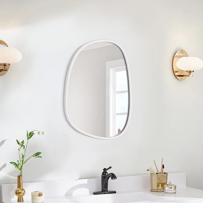 Asymmetrical Hanging Mirrors Irregular Wall Mirror White Wooden Framed Oval Mirrors for Wall Decorative Small Vanity Wall Mounted Mirror for Home Living Room Bedroom Hallway Entryway