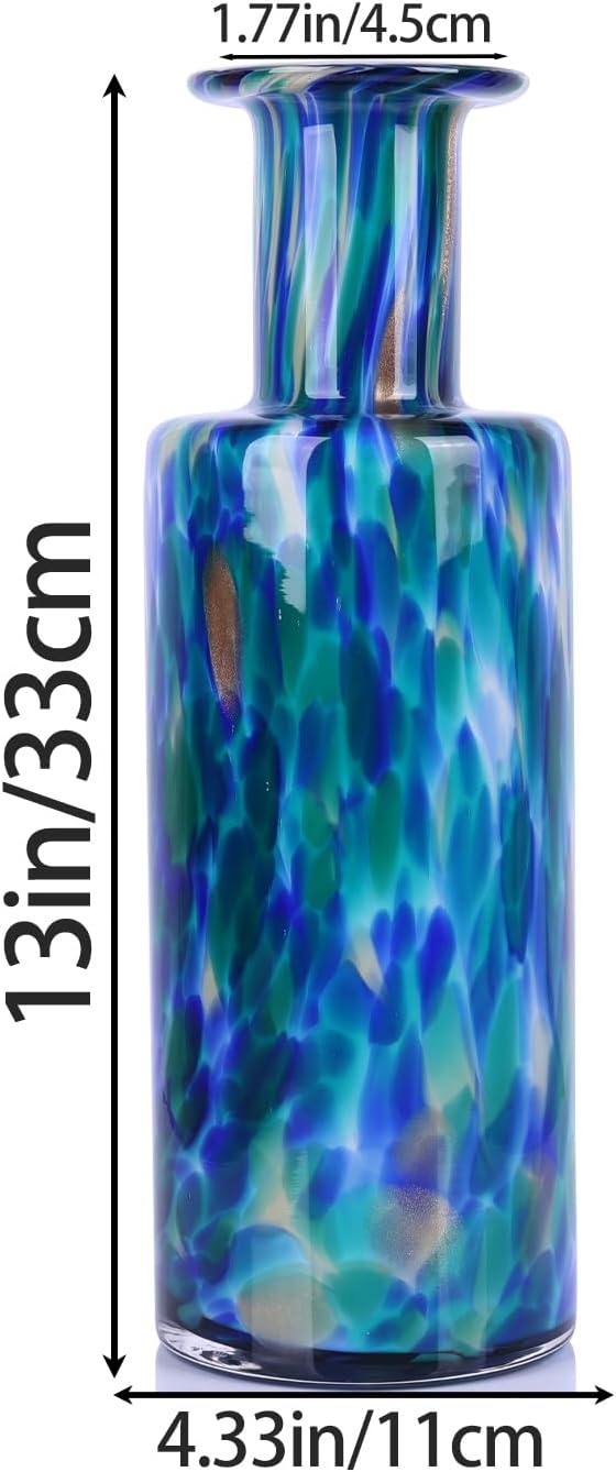 13" H Hand-Blown Glass Vase, Modern Art Glass Cylinder Vase, Green Glass Decorative Vase for Living Room Dining Table centerpieces, TV Console, Office, and Console Decor.