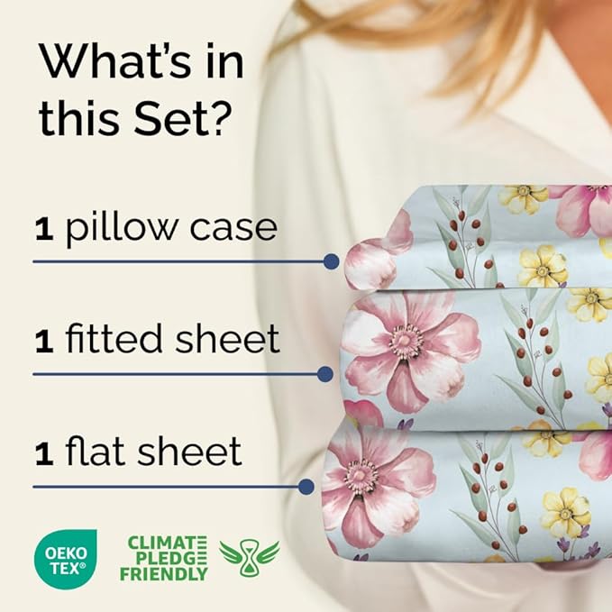 Floral Sheets - Watercolor Floral Bed Sheet Set - 1 Flat, 1 Fitted & 1 Pillowcase w/ Deep Pockets - Wrinkle & Fade Free - Boho Botanical Bedding - Ultra-Soft, Breathable and Cooling - Twin Size