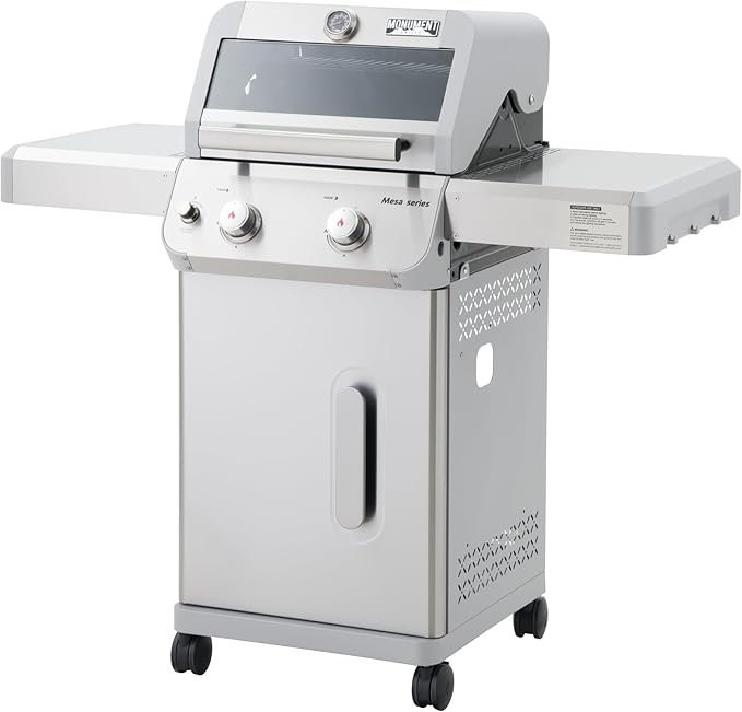 Monument Grills 2-Burner Stainless Steel Liquid Propane Gas Grill, Two Foldable Shelves Patio Garden Barbecue Grill with Clearview® Lid, Knob Control Mesa200S