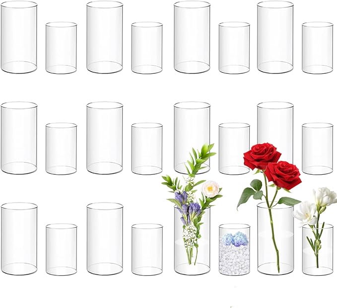 24 Pcs Plastic Vases for Centerpiece, 4 Inch & 6 Inch Small Clear Plastic Cylinder Flower Vase Bulk Acrylic Vases for Centerpiece Home Wedding Table (12pcs 4in + 12pcs 6in)