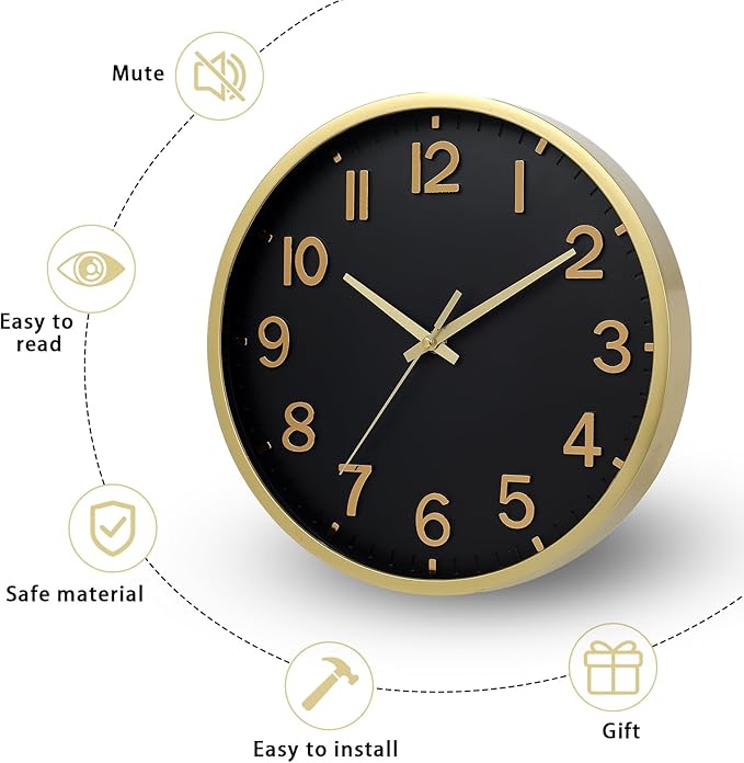 Wall Clocks Battery Operated 10 inch Modern Wall Clock,Silent Non Ticking Wall Clock for Living Room Bedroom Kitchen Office Classroom Decor (Black Gold)