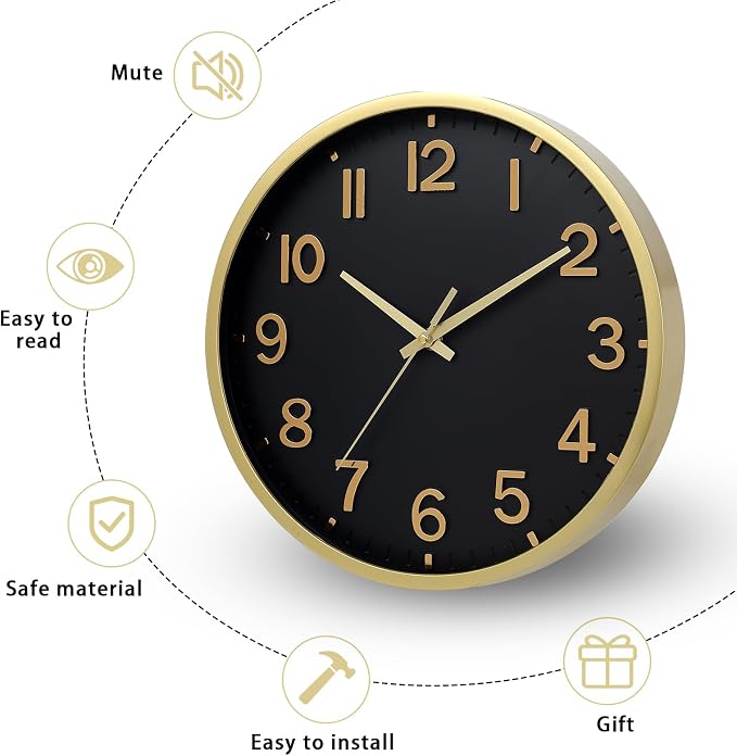 Wall Clocks Battery Operated 12 inch Modern Wall Clock,Silent Non Ticking Wall Clock for Living Room Bedroom Kitchen Office Classroom Decor (Black Gold)