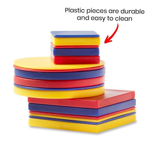 Hand2Mind Plastic Attribute Blocks - Geometry Set for Preschool Learning | 60 Manipulative Shapes for Montessori Math