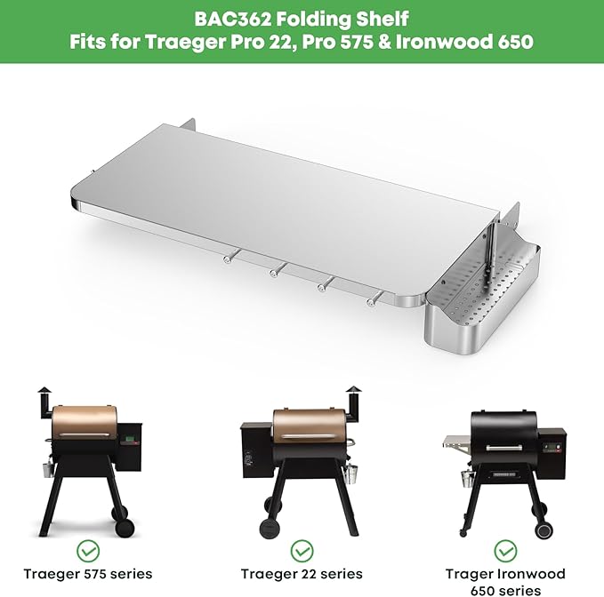 Stanbroil Stainless Steel Folding Front Shelf for Traeger Pro 22, Pro 575 & Ironwood 650 Series, Upgraded with Caddy Organizer, Paper Towel Holder & Hook Replacement for BAC362 Shelf