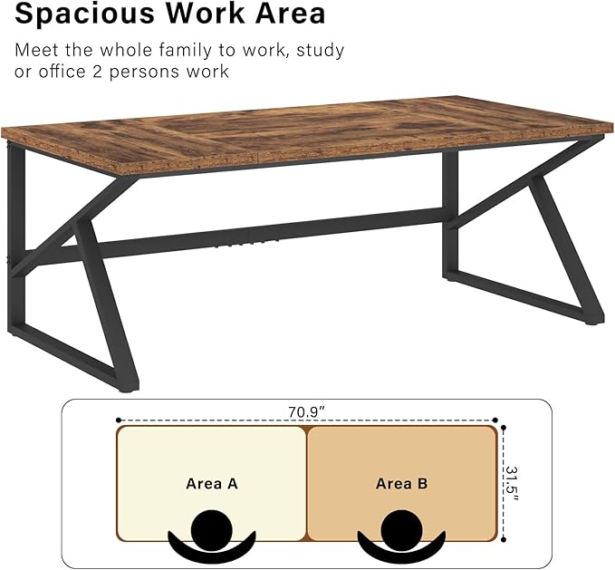 HSH Large Rustic Brown Computer Desk, 70 Inch Home Office Metal Wood Desk for 2 Person, Farmhouse Extra Long Writing Study Gaming Table, Bedroom Living Room PC Laptop Dual Monitor Desk