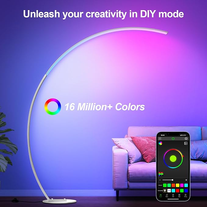 RGB Floor Lamp with 3 Color Temperatures, Ultra Bright 1800LM Smart Arc LED Floor Lamp with Remote Control, Music Sync, Scene Modes, Modern Standing Tall Lamp for Bedroom Living Room-Brushed Nickel