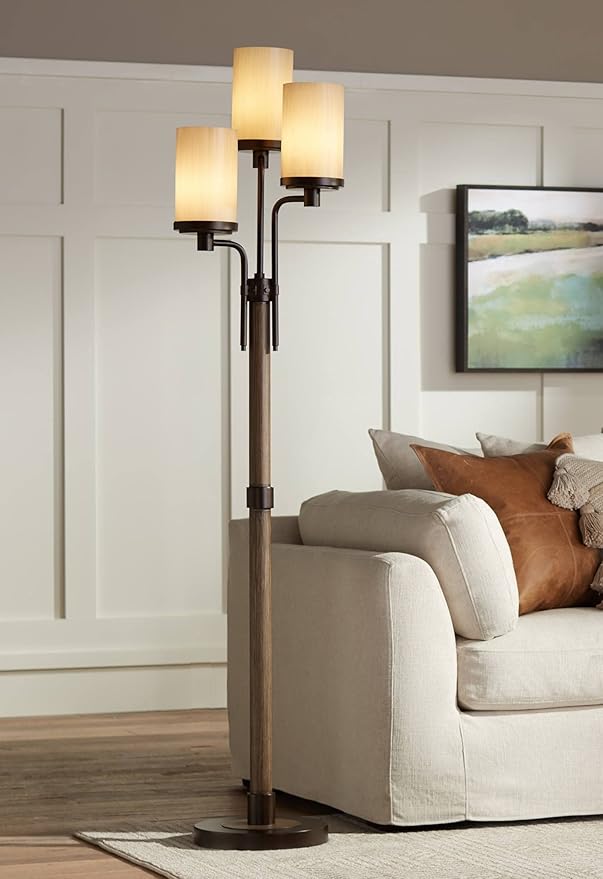 Franklin Iron Works Astoria Rustic Farmhouse Industrial Standing Floor Lamp Tree 3-Light 71" Tall Bronze Faux Wood Faux Tea Alabaster Glass for Cottage Core Living Room Reading House Bedroom Home