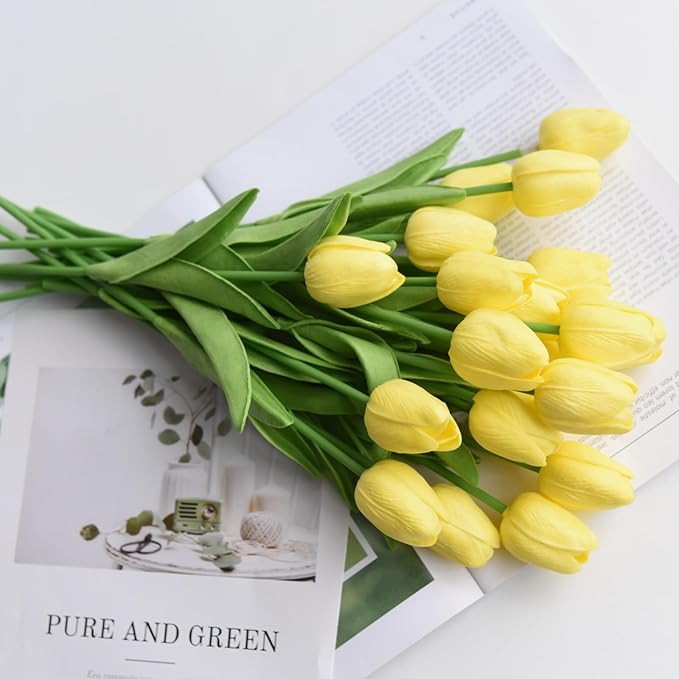 20PCS Yellow Fall Artificial Flower Tulips PU Real Touch Tulips for Home Wedding Decoration Brides Hand Holding Bouquet Artificial Flower Decoration (Type-Yellow)