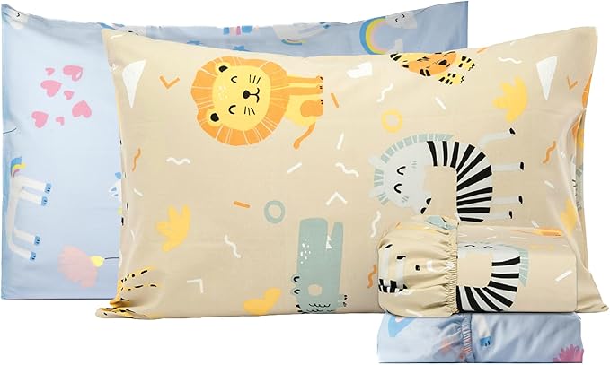Salt Earth 100% Cotton 210TC Kids Bedsheet, Twin Sheet Set, Toddler Bed, 4-Piece Set – 2 Fitted Sheets & 2 Pillowcases, Themed Toddler Bed Sheets, Cute Kids Bedding (Summerland/Unicorn)