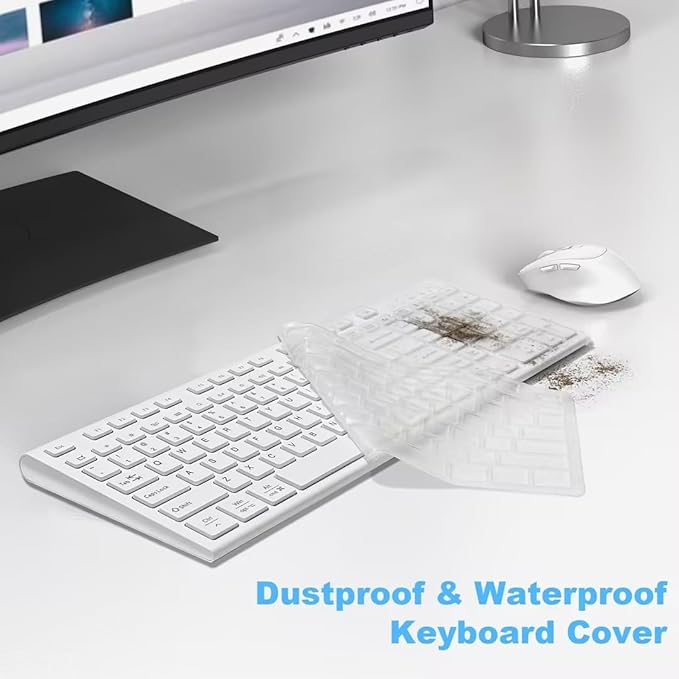 FENIFOX Wireless Keyboard and Mouse, Rechargeable USB C Combo Silent Quiet Compact Full Size Flat with Number Pad Soft Cover for Mac MacBook iMac Windows PC Laptop Computer Office - White